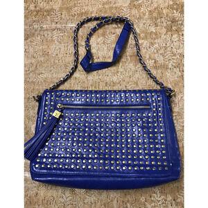 Blue Silver Studded Braid Western Boho Bling Faux Leather Crossbody Tassel Purse